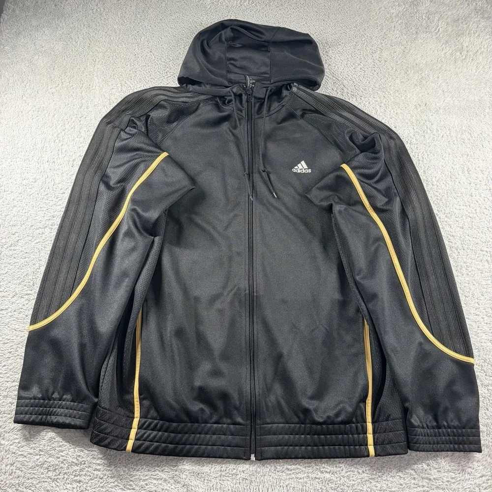 Adidas Track Jacket Mens XL Tall Full Zip Hooded Black Gold Sweater